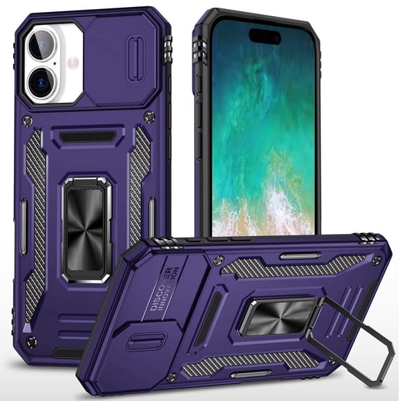 For iPhone 16 Plus 6.7 inch Utter Tough Metal Ring Movable Camera Window Hybrid Case Cover - Dark Purple
