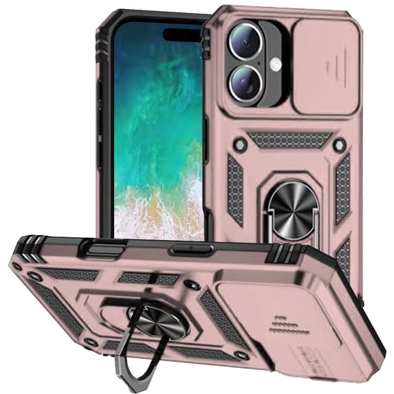 For iPhone 16 Plus 6.7 inch Well Protective Magentic Ring Stand Camera Protective Cover Case - Rose Gold