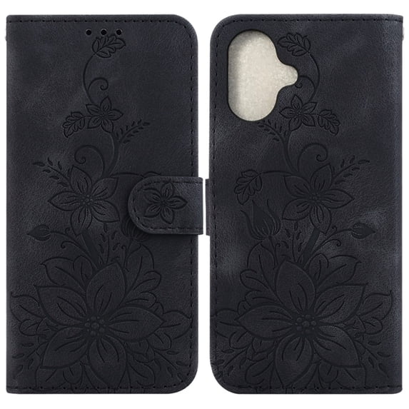 For iPhone 16 Plus 6.7" lily Embossed Strong Magnetic Attachment/Closure, Card Slots/Pocket, PU Leather Flip Wallet Case ,Black,For iPhone 16 Plus