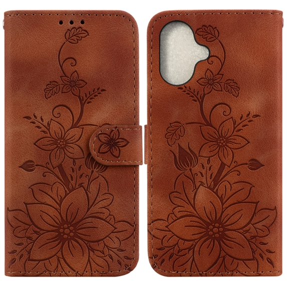 For iPhone 16 Plus 6.7" lily Embossed Strong Magnetic Attachment/Closure, Card Slots/Pocket, PU Leather Flip Wallet Case ,Brown,For iPhone 16 Plus