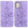 thumbnail image 1 of For iPhone 16 Plus 6.7" lily Embossed Strong Magnetic Attachment/Closure, Card Slots/Pocket, PU Leather Flip Wallet Case ﻿,Purple,For iPhone 16 Plus, 1 of 7