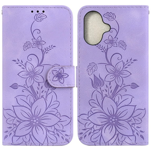 For iPhone 16 Plus 6.7" lily Embossed Strong Magnetic Attachment/Closure, Card Slots/Pocket, PU Leather Flip Wallet Case ,Purple,For iPhone 16 Plus