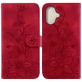 thumbnail image 1 of For iPhone 16 Plus 6.7" lily Embossed Strong Magnetic Attachment/Closure, Card Slots/Pocket, PU Leather Flip Wallet Case ﻿,Red,For iPhone 16 Plus, 1 of 7