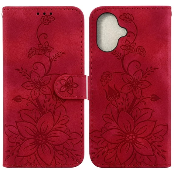 For iPhone 16 Plus 6.7" lily Embossed Strong Magnetic Attachment/Closure, Card Slots/Pocket, PU Leather Flip Wallet Case ,Red,For iPhone 16 Plus