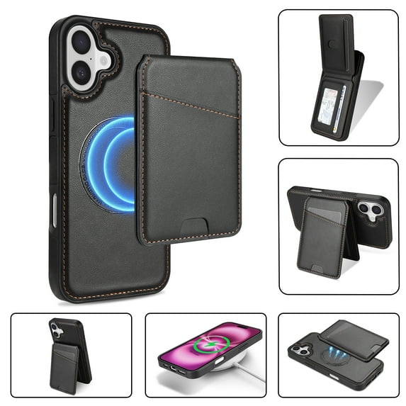 For iPhone 16 Plus Magnetic Detachable Wallet Case,With Kickstand,Compatible With Magsafe,With Card Slots Flip PU Leather Protective Shockproof Anti-fall Thin Fit Phone Case,Black