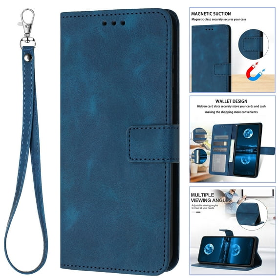 For iPhone 16 Plus Phone Case Wallet,[RFID-Blocking] [Card Holder/Cash Slot] [Kickstand] Magnetic Clasp PU Leather Solid Color Protective Flip Cases with Wrist Strap Folio Cover,Blue