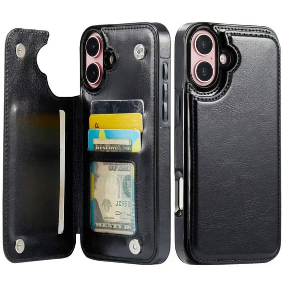 For iPhone 16 Plus Wallet Case with Card Holder, PU Faux Leather Kickstand Card Slots Case, Double Magnetic Clasp and Durable Shockproof Cover