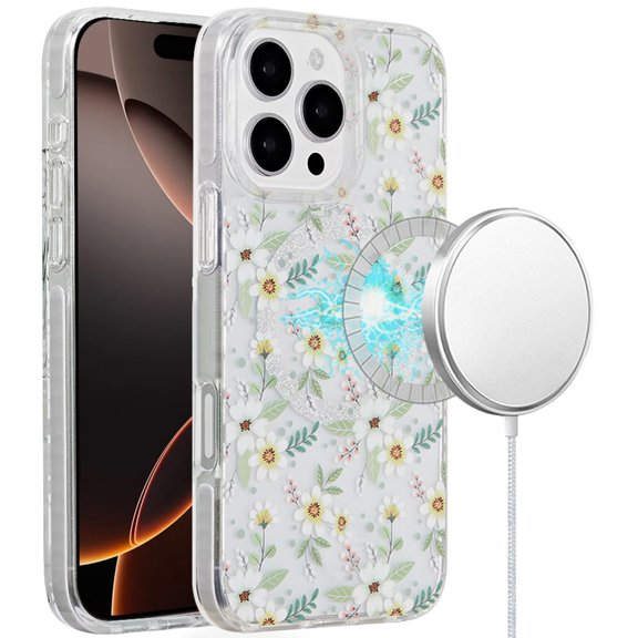 For iPhone 16 Pro 6.3 inch Magnetic Double Layer IMD Design Case - Green Floral