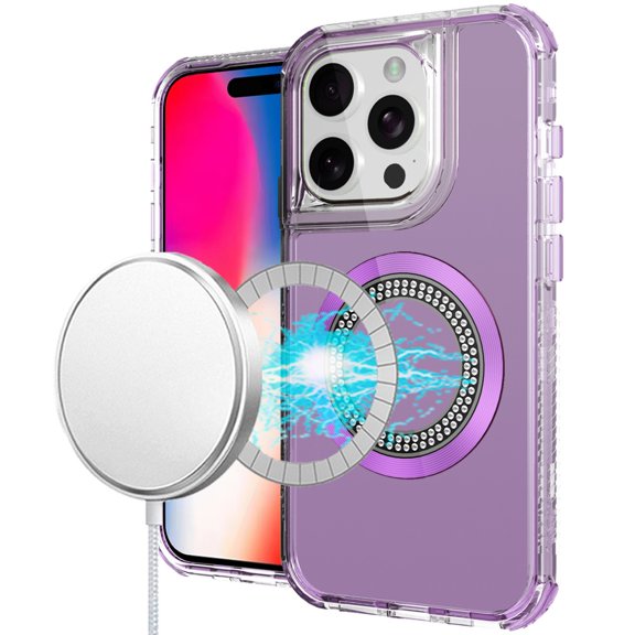 For iPhone 16 Pro 6.3 inch Magnetic Ring Circle Bling Chrome 3in1 Hybrid Case - Purple