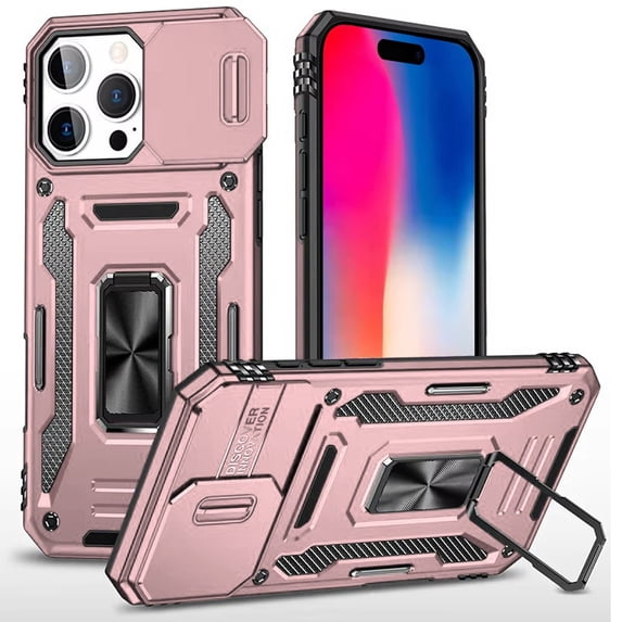 For iPhone 16 Pro 6.3 inch Utter Tough Metal Ring Movable Camera Window Hybrid Case Cover - Rose Gold