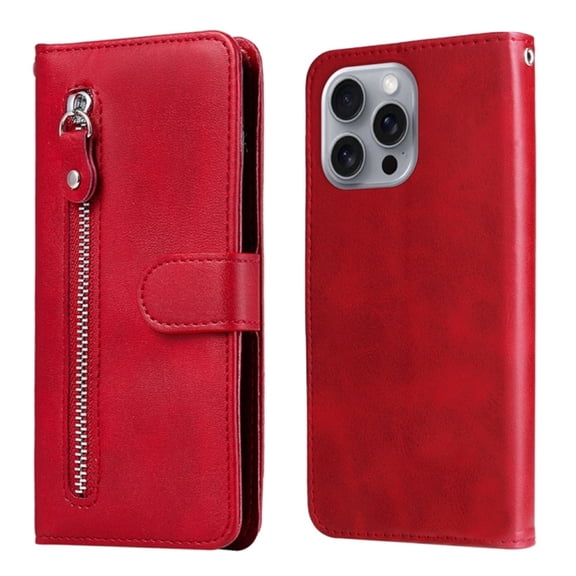 For iPhone 16 Pro 6.3-inch Wallet Case for Women Men Multi-Card Slots Zipper Pocket Leather Phone Case,Red,For iPhone 16 Pro