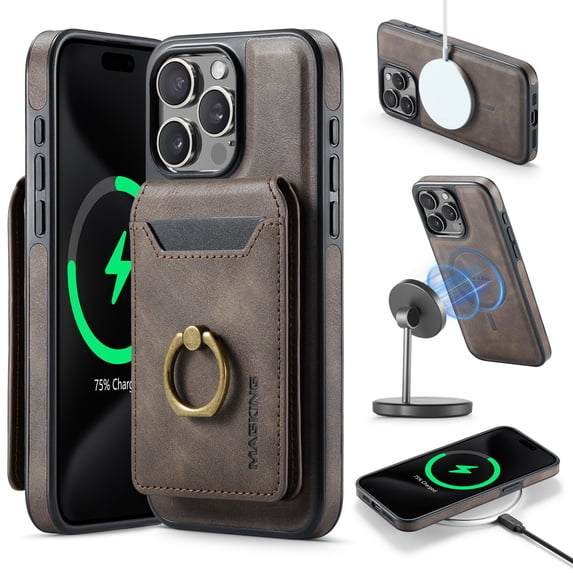 For iPhone 16 Pro Case with Credit Card Holder,Ring Holder,Phone PU Leather Case Wallet for Women Men Magnetic Detachable 2-in-1 Wallet Card,Shockproof Rugged Phone Case,Coffee