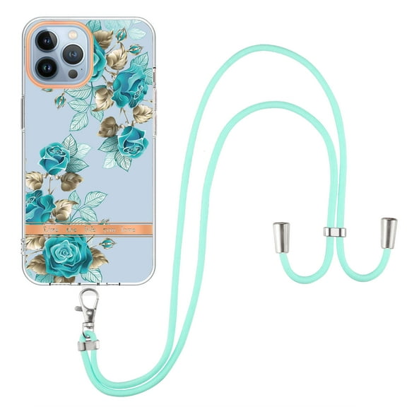 For iPhone 16 Pro Case with Crossbody Lanyard, Cute Flower Patterned Shockproof Cover with Hybrid Soft Crystal TPU Bumper, Adjustable Shoulder Neck Girls Women For iPhone 16 Pro,Blue Rose
