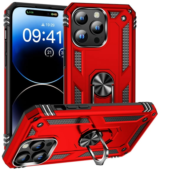For iPhone 16 Pro Case ,Heavy Duty Shockproof Body Phone Cover Built in Metal Rotated Magnetic Ring Holder Kickstand,Dustproof,Anti-Scratch,Dual Layer Military-Grade Drop protection,Red