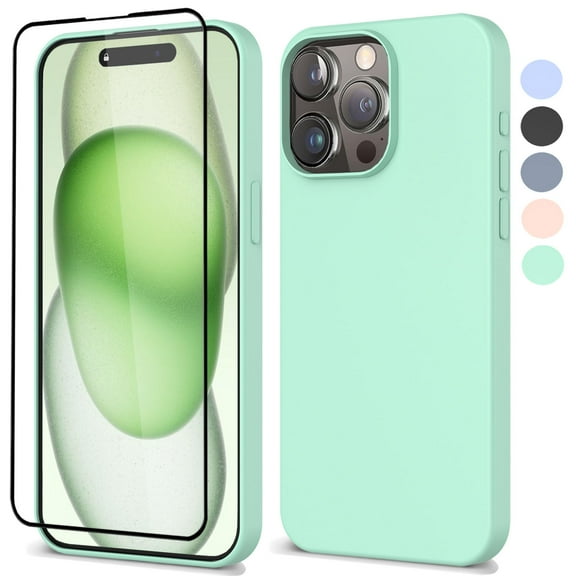 For iPhone 16 Pro Case, Liquid Silicone Case with Tempered Glass Screen Protector, Tekcoo Shockproof Rugged Rubber Protective Cover Microfiber Lining Cute Phone Case for iPhone 16 Pro - Mint