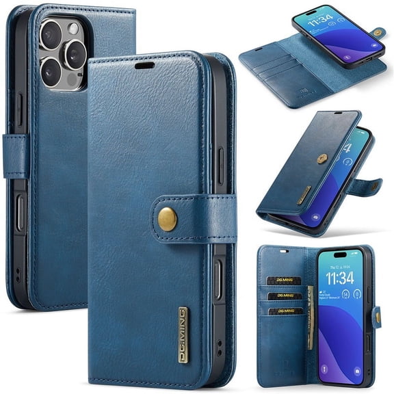 For iPhone 16 Pro DG.MING Crazy Horse Texture Detachable Magnetic Leather Phone Case,Blue,For iPhone 16 Pro