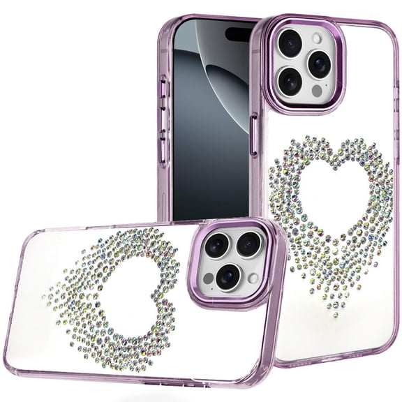 For iPhone 16 Pro Max 6.9 Angel Hearts Bling Shimmer Colorful Glitter Chrome Edged Hybrid Case - Purple