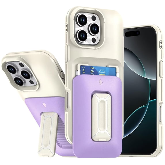 For iPhone 16 Pro Max 6.9 Card Holder (2X) with Wrist Strap Hybrid With KickStand - Beige+Light Purple
