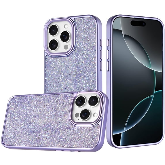 For iPhone 16 Pro Max 6.9 Crystal Glass Diamond with Metallic Buttons and Edges Hybrid Case - Dark Purple