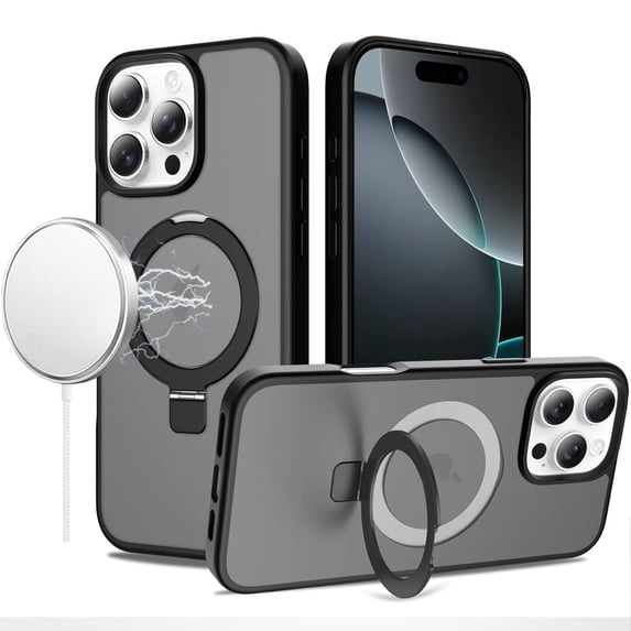 For iPhone 16 Pro Max 6.9 Magnetic Matching Ring Stand Full Rotation Matte Hybrid - Black