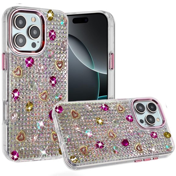 For iPhone 16 Pro Max 6.9 inch Charming Hearts Bling Diamonds Stones Chrome Hybrid Case - Hot Pink