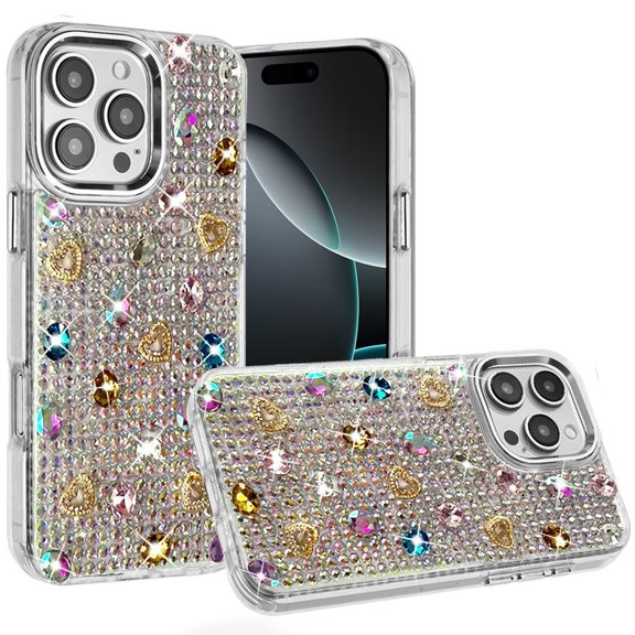 For iPhone 16 Pro Max 6.9 inch Charming Hearts Bling Diamonds Stones Chrome Hybrid Case - Multicolor