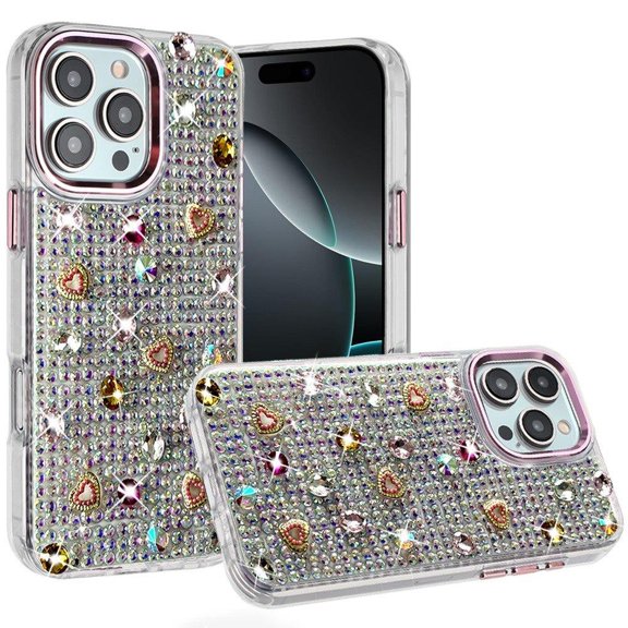 For iPhone 16 Pro Max 6.9 inch Charming Hearts Bling Diamonds Stones Chrome Hybrid Case - Pink