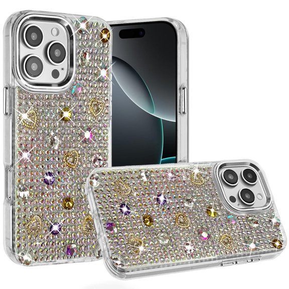 For iPhone 16 Pro Max 6.9 inch Charming Hearts Bling Diamonds Stones Chrome Hybrid Case - Silver