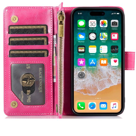 For iPhone 16 Pro Max 6.9 inch Luxury Wallet Card ID Zipper Money Holder Case Cover - Hot Pink