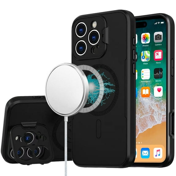 For iPhone 16 Pro Max 6.9 inch Magnetic Ring Circle Camera Cap KickStand Hybrid UV Paint Matte Finish Case - Black