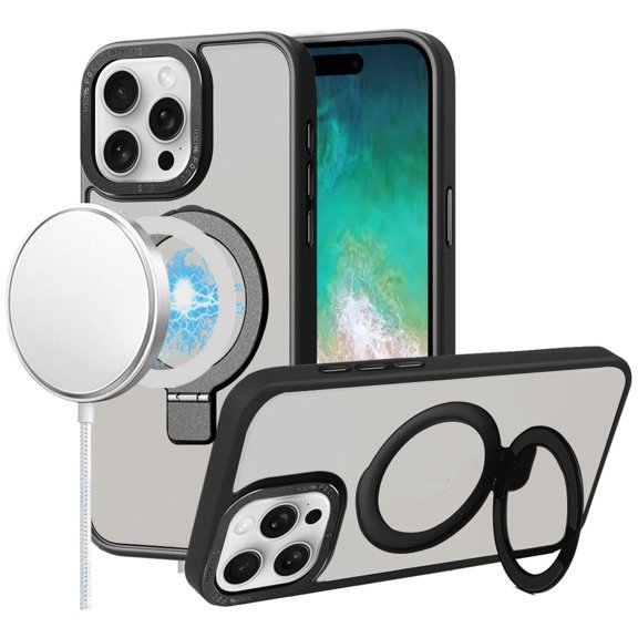 For iPhone 16 PRO MAX Case Metallic Magnetic Circle Ring Stand + Tempered Glass