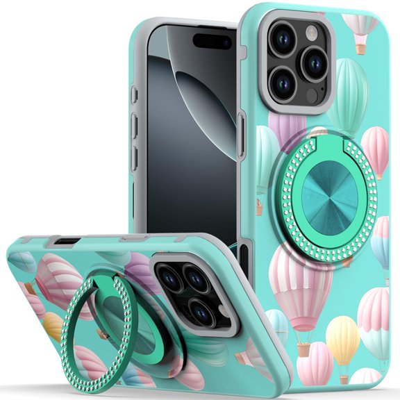 For iPhone 16 Pro Max 6.9 inch Metal Diamond CD Pattern Design Matte Finished Hybrid with Rotational Ring [Car Mount Friendly] Case - Hot Air Balloon