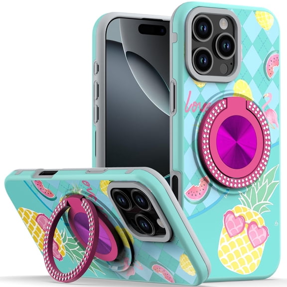 For iPhone 16 Pro Max 6.9 inch Metal Diamond CD Pattern Design Matte Finished Hybrid with Rotational Ring [Car Mount Friendly] Case - Pineapple