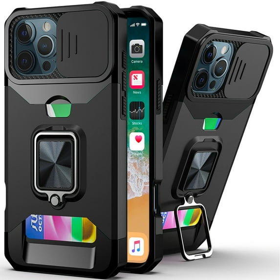For iPhone 16 Pro Max 6.9 inch Multi-Functional Card Magnetic Ring Stand Hybrid Camera Case Cover - Black