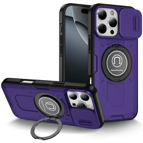 For iPhone 16 Pro Max 6.9 inch Push Mount Friendly Camera Protective [Ring Stand] Hybrid Case - Dark Purple