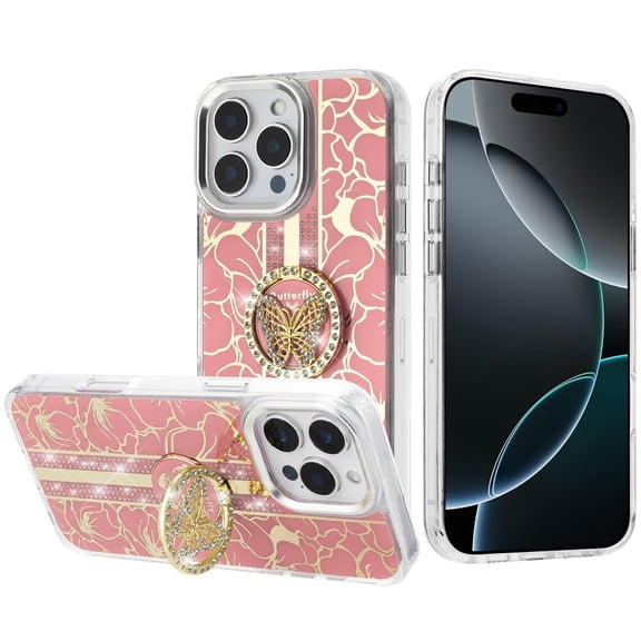 For iPhone 16 Pro Max 6.9 inch Splendid Floral Designs with Metal Camera and Buttons with Butterfly Ring Stand Hybrid Case - Light Pink