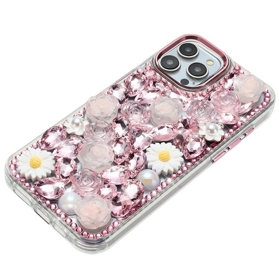 For iPhone 16 Pro Max Case, Fashion Daisy Floral Series, Full 3D Bling Crystal Diamonds Sparkling Rhinestone Glitter Hybrid Design Phone Cover (Pink)