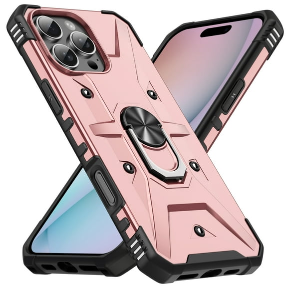 For iPhone 16 Pro Max Case Rugged, With Grip Ring Holder Rotating Kickstand Easy to Hand Compatile with Car Mount Anti-Scratch Heavy Duty Protective Phone Case for Apple iPhone 16 Pro Max, Rosegold