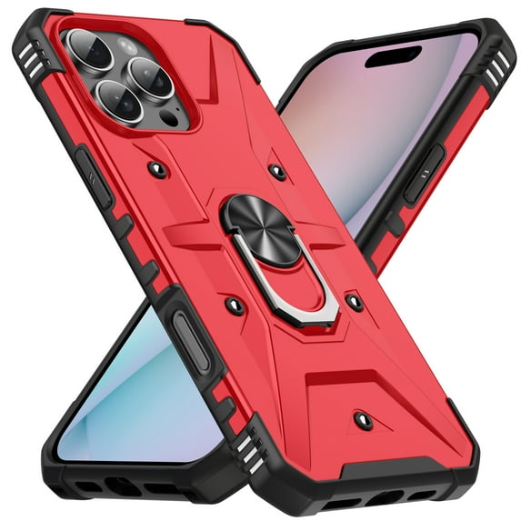 For iPhone 16 Pro Max Case Rugged, With Grip Ring Holder Rotating Kickstand Easy to Hand Compatile with Car Mount Anti-Scratch Heavy Duty Protective Phone Case for Apple iPhone 16 Pro Max, Red