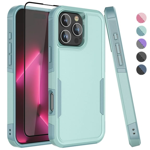 For iPhone 16 Pro Max Case with Tempered Glass Screen Protector, Tekcoo Heavy Duty Rugged Military Grade Protection Dual Layer Shockproof Phone Case Cover for Apple iPhone 16 Pro Max - Mint