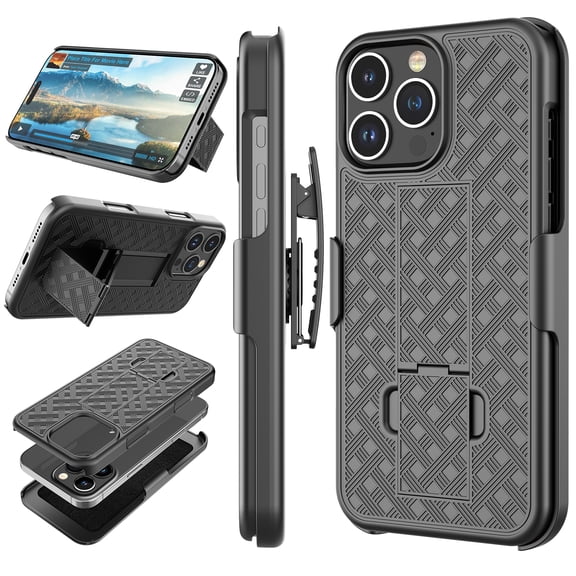 For iPhone 16 Pro Max Case with Swivel Belt Clip, Heavy Duty Shockproof Rugged Holster Combo, Full Body Protective Kickstand Cover - Black