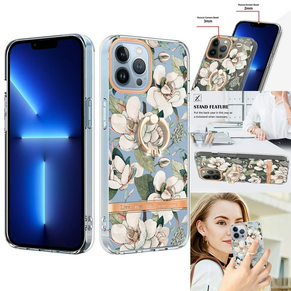 For iPhone 16 Pro Max Floral Case with Ring Holder Kickstand - Slim and Lightweight, Military-Grade Shockproof Protection, Women & Girls' Style Case Designed for iPhone 16 Pro Max, White Flower