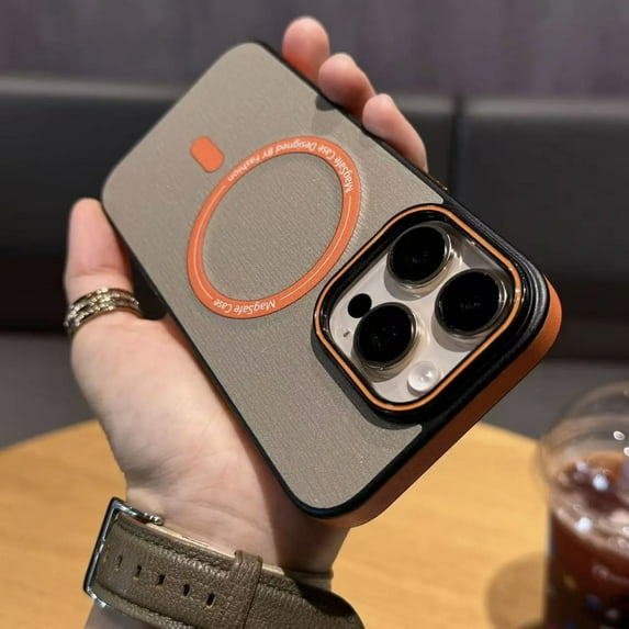 For iPhone 16 Pro Max Magnetic Clashing Colors Phone Case,Compatible with Mag-Safe,Leather Edging Anti-crash Designing,Metal Button,Shockproof Rugged Ultra Slim Phone Case Cover,Gold