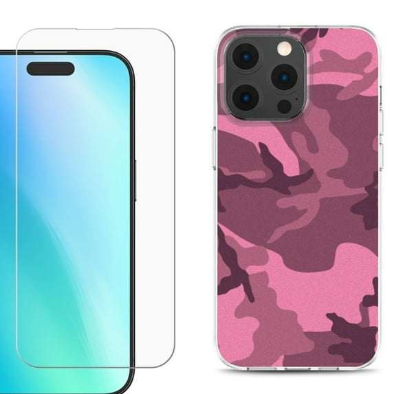 For iPhone 16 Pro Max Phone Case Cover, Shockproof Case with Tempered Glass Screen Protector, by OneToughShield - Camo Pink