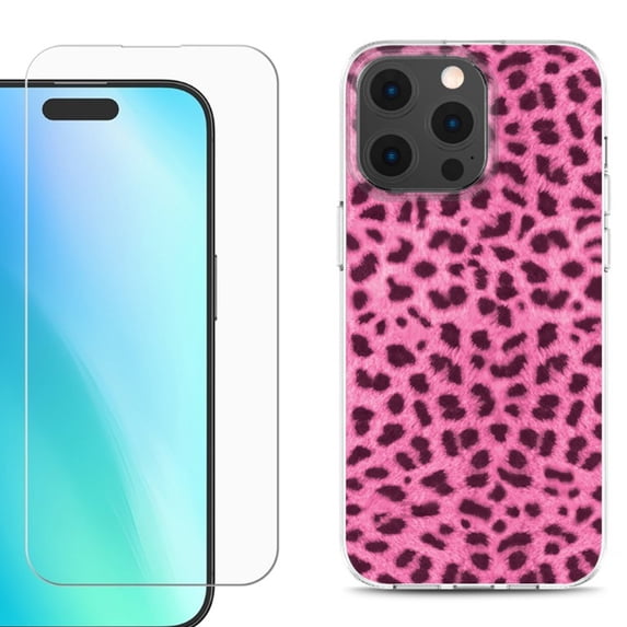 For iPhone 16 Pro Max Phone Case Cover, Shockproof Case with Tempered Glass Screen Protector, by OneToughShield - Cheetah Pink