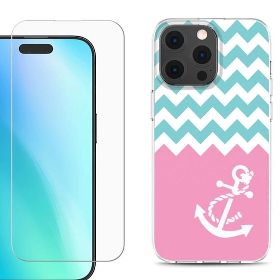 For iPhone 16 Pro Max Phone Case Cover, Shockproof Case with Tempered Glass Screen Protector, by OneToughShield - Chevron/Anchor