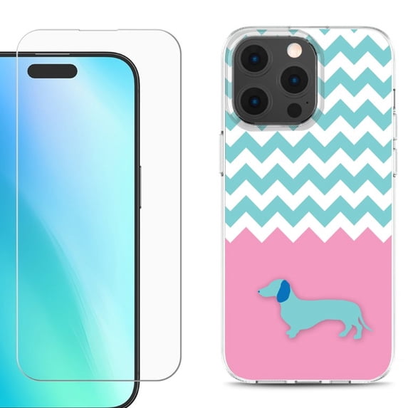 For iPhone 16 Pro Max Phone Case Cover, Shockproof Case with Tempered Glass Screen Protector, by OneToughShield - Chevron/Dachshund/Puppy