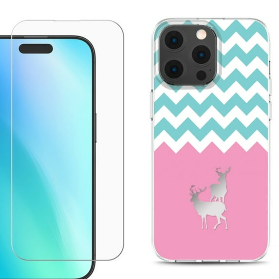 For iPhone 16 Pro Max Phone Case Cover, Shockproof Case with Tempered Glass Screen Protector, by OneToughShield - Chevron/Teal/Deer
