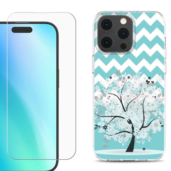 For iPhone 16 Pro Max Phone Case Cover, Shockproof Case with Tempered Glass Screen Protector, by OneToughShield - Chevron/Tree