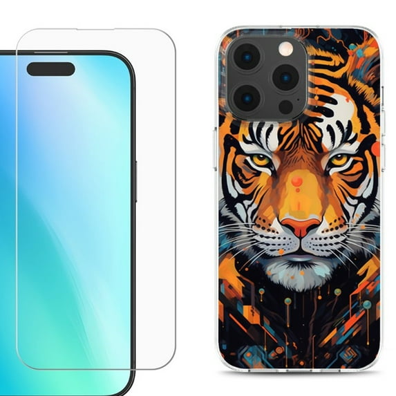 For iPhone 16 Pro Max Phone Case Cover, Shockproof Case with Tempered Glass Screen Protector, by OneToughShield - Cyberpunk Tiger